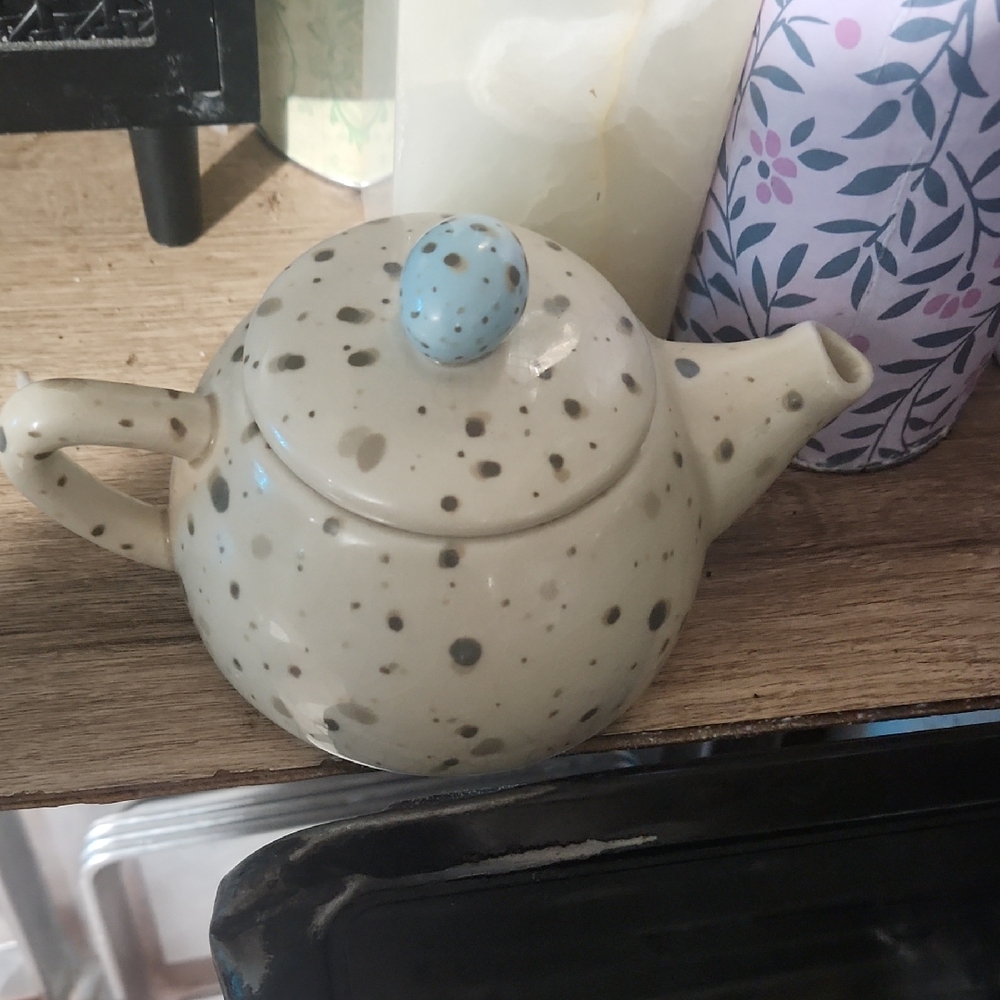 Speckled Ceramic Teapot with Blue Accents